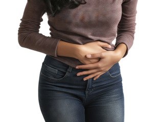 Woman clutching stomach in pain, isolated on transparent cutout background