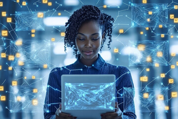 Woman using tablet, surrounded by digital network of glowing email icons.