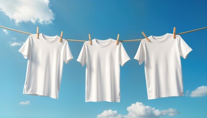 Three white t-shirts hang on clothesline against clear blue sky with fluffy clouds. Shirts clean, dry. Clothesline stretched taut, shirts hang evenly. Light wood clothespins hold shirts to line.