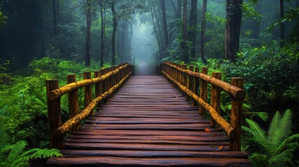 Obraz premium Serene narrow wooden bridge over misty forest creek nature photography tranquil environment scenic view