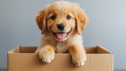 Playful puppy peeking out of cardboard box indoor home setting adorable pet photography warm atmosphere close-up view