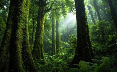 Obraz premium Rainforest scenes nature concept. Lush green forest with towering trees and soft sunlight filtering through the leaves.