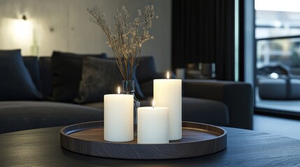 Lit candles on wooden tray in modern living room.