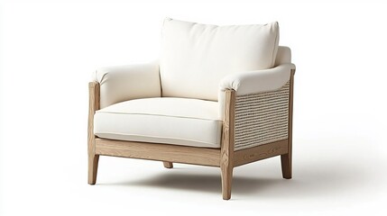 Fototapeta premium Elegant white armchair with wooden frame, showcasing modern design in a minimalist setting
