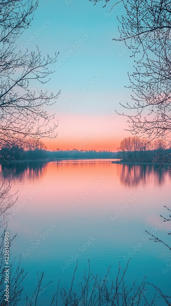 Wall mural serene twilight reflections over calm water surrounded by leafless trees at dusk