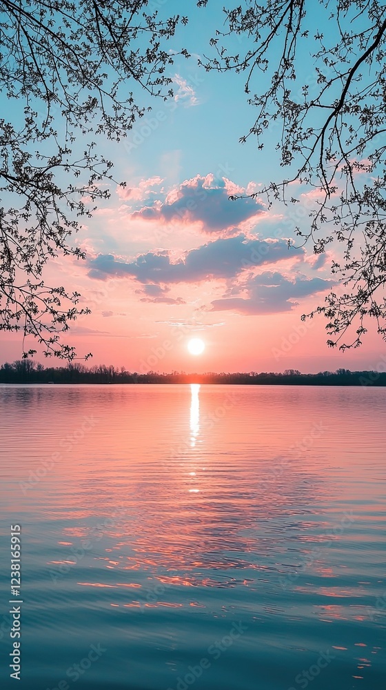 Wall mural serene sunset over calm lake with colorful sky and reflections in tranquil nature setting