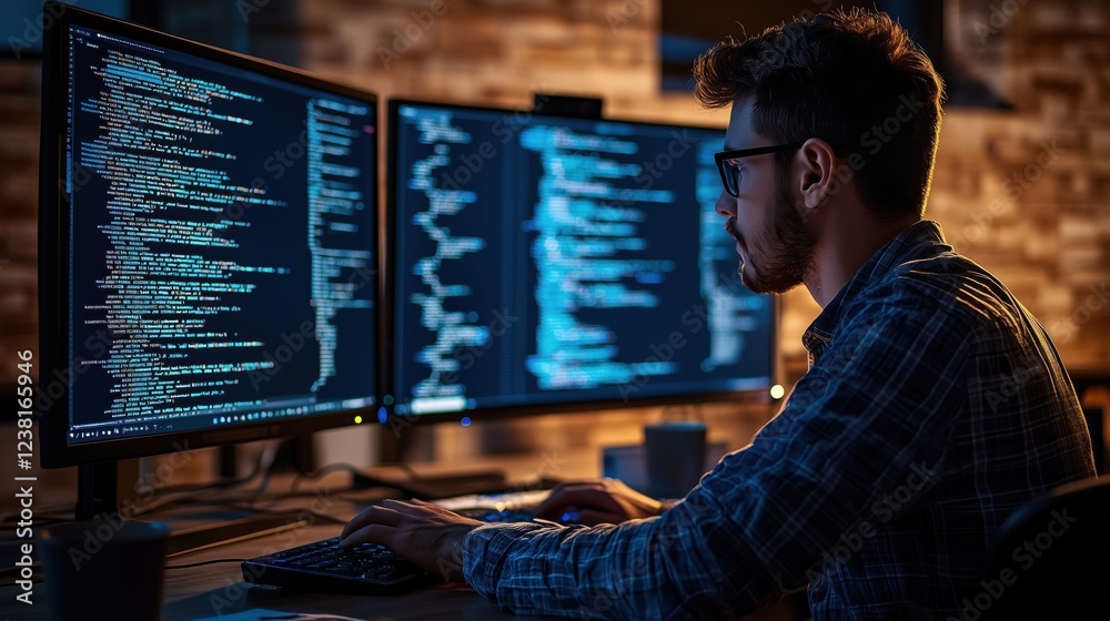Poster focused programmer working on multiple monitors in a dimly lit office environment with code on displ