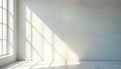 Empty light grey room. Sunlight casts shadows on a plain wall. Window is visible in the corner. Minimalist interior design. Ideal for product presentation. Modern empty space for presentation.
