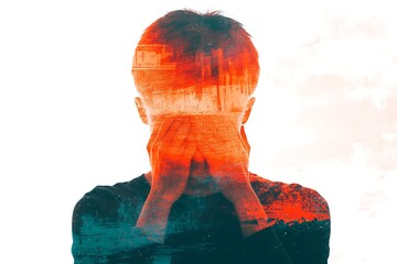 A silhouette of a person with hands on their face, surrounded by a colorful abstract background, conveying themes of emotion and introspection.