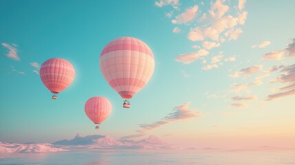 Naklejka premium Colorful Hot Air Balloons Floating Over Serene Landscape During Vibrant Sunrise Sky