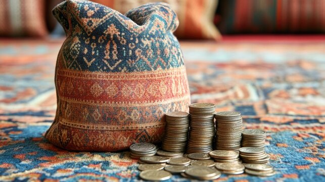 Oriental style: a money bag next to a stack of coins, symbolizing savings, stability and financial support, representing zakat, sadaqat al-fitr and charity.