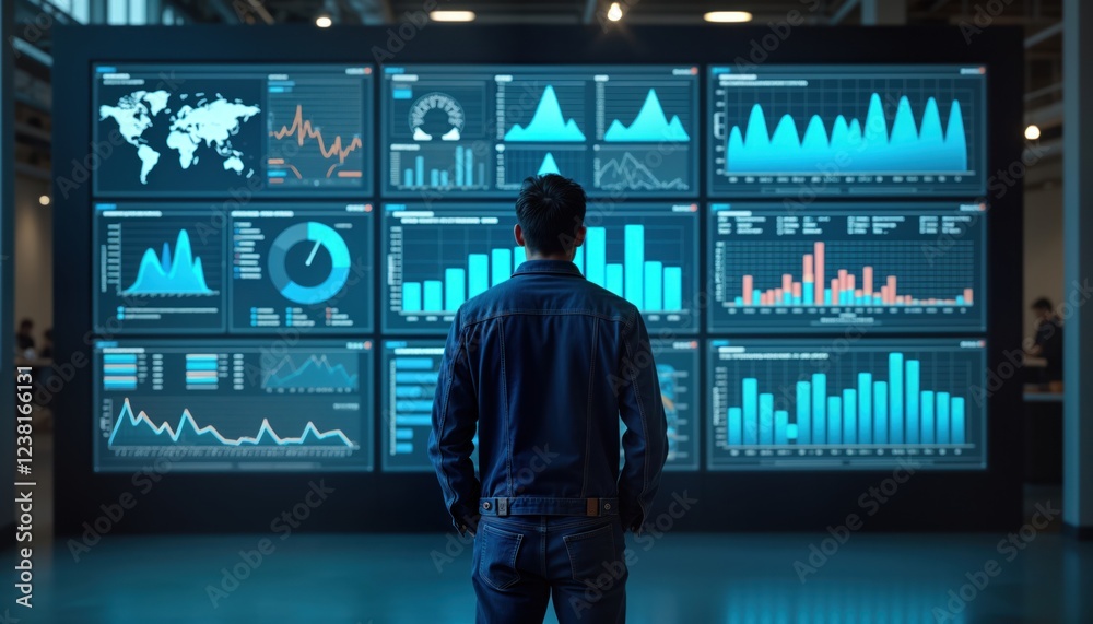 Poster man analyzes data on large screens. data displays with charts, graphs. modern tech office setting. b