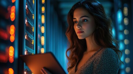 Young professional woman working on tablet in server room with illuminated technology equipment, exploring data, and managing network systems