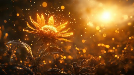 Obraz premium Sparkling flower in golden sunset nature photography bokeh background dreamy environment