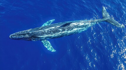 Fototapeta premium A large whale swims in blue water, viewed from above.