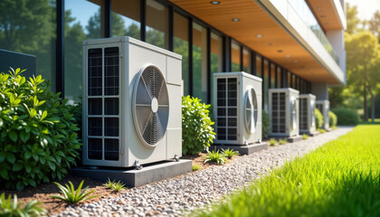 Modern commercial building exterior shows several outdoor air conditioning units. Landscaping with green plants surrounds units. Bright sunlight illuminates scene. Units strategically placed, likely