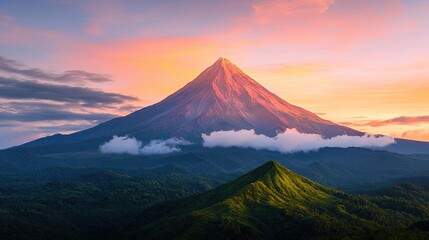 Fototapeta premium Mountain peak nature idea. Majestic volcano towering over lush green hills under a colorful sunset sky.