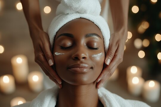 A woman enjoys a calming facial massage as a therapist delicately applies cream. Soft towels surround her head and glowing candles create a warm atmosphere