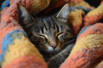 Adorable cat snuggled beneath a cozy blanket.