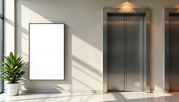 Blank billboard in front of elevator in modern office building shopping mall. Empty space for advertising announcement. Modern, minimalist interior. Sunlight casts shadows on wall, floor. Lobby with