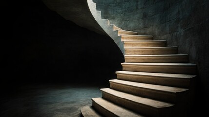 Horror scene concept. A spiraling staircase ascends into a dimly lit space, highlighting its smooth texture and contrasting shadows, evoking a sense of mystery and depth.