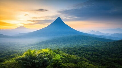 Fototapeta premium Mountain peak nature idea. Stunning mountain view at sunrise, surrounded by lush green forests and misty valleys.