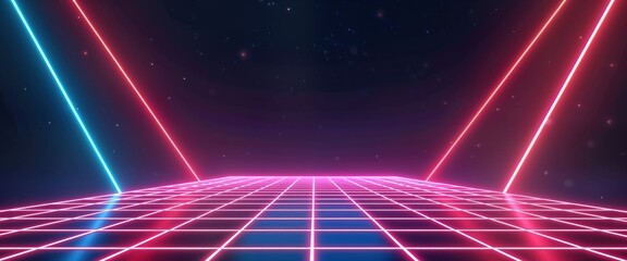 Neon grid backdrop evokes retro-futuristic 1980s style. Bright pink, blue neon lines form geometric patterns on grid. Nostalgic, glowing effect creates vibrant digital landscape. Cool aesthetic