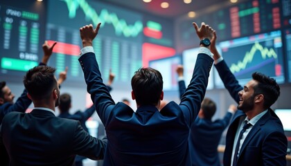 Group of brokers celebrate lucrative stock auction in busy trading room. Businessmen, businesswomen raise arms in joy, excitement. Stock exchange screens display charts of financial success. Pro