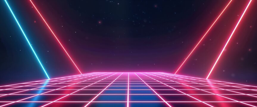Neon grid backdrop evokes retro-futuristic 1980s style. Bright pink, blue neon lines form geometric patterns on grid. Nostalgic, glowing effect creates vibrant digital landscape. Cool aesthetic