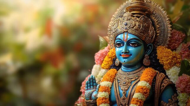 Hindu God Lord Krishna statue surrounded by traditional garlands. Hindu Puja. Vishu festival celebration. Ugadi, Gudi Padwa, Diwali or Krishna Janmashtami.	
