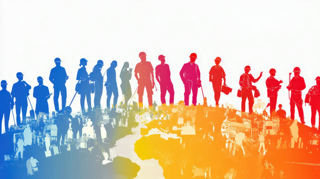 Celebration of international workers day with diverse worker silhouettes in colorful representation. Horizontal banner. Copy space. Happy Labour day - Powered by Adobe