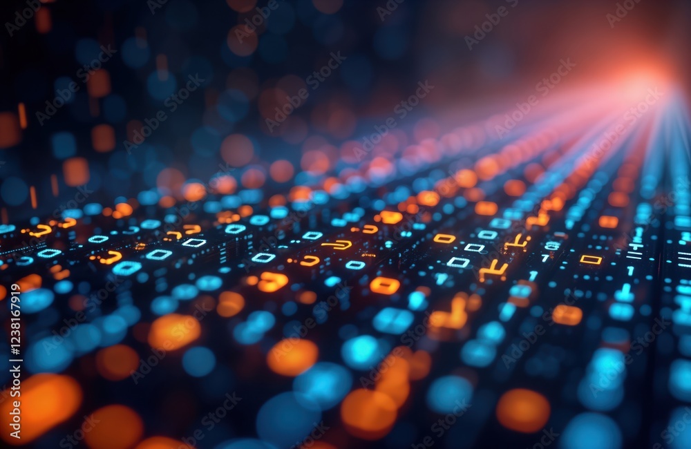 Fototapete Abstract digital tech design shows flowing data. Binary code flows creating dynamic abstract art. Modern digital illustration. Tech background. Innovation design. Data stream. Abstract technology