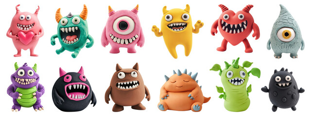PNG Colorful playful cartoon monster figures, isolated element set, transparent background