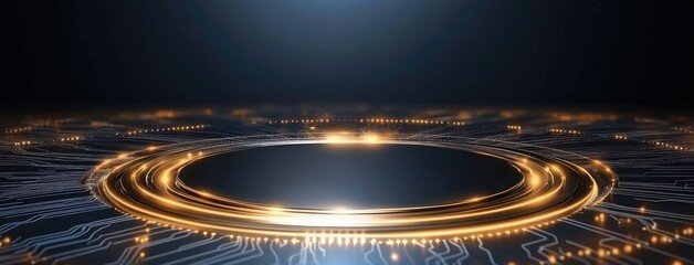 Abstract circuit board design showcases glowing golden elements and a prominent black circle, ideal for technology and digital themes