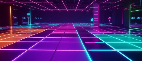 Neon Grid Corridor Virtual Reality