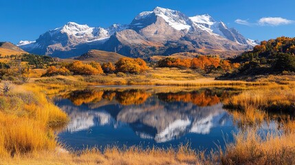 Autumnal lake reflecting snow-capped mountains (11)