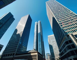 Modern skyscrapers dominate Frankfurt Mains financial district under clear blue sky. Tall buildings display glass facades reflecting sunlight. Urban scene German architecture. Downtown area offers