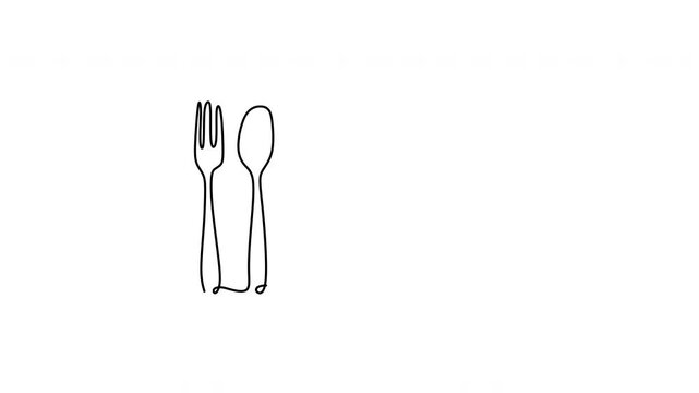 Continuous line drawing animation of hand drawn plate, spoon and fork at the table. Restaurant animated logo isolated on white background minimalism design. Dinner theme with creative symbol