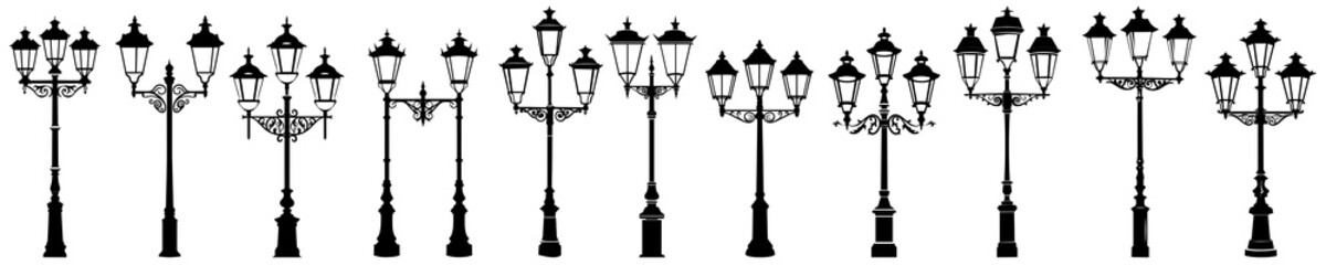 PNG Vintage ornate street lamp silhouettes, isolated element set, transparent background