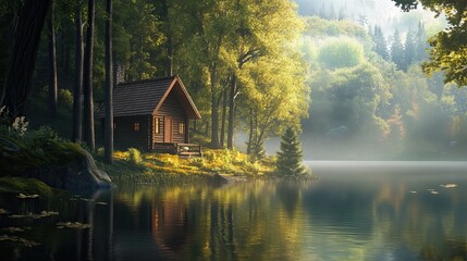 Fototapeta premium Log Cabin Nestled by a Peaceful Forest Lake. AI generated image
