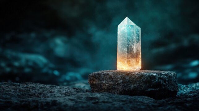 This image features a striking natural crystal illuminated from within, resting on a rock, creating an ethereal glow that embodies beauty and connection to nature's wonders and mysteries.