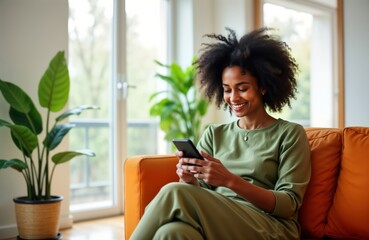 Young cheerful woman uses smartphone indoor on orange couch. Happy lady relaxing at home browsing app. Modern tech person communicates on mobile. Casual attire. Content creation. Tech device usage.