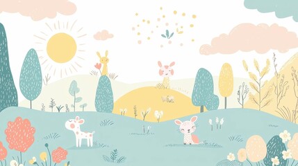 Obraz premium Whimsical Spring Landscape with Cute Animals and Colorful Flora