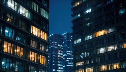 Fototapeta premium Modern glass curtain wall office buildings stand tall against night sky. Lit windows showcase activity inside. Business scene at night suggests late-night work critical meeting. Urban energy,