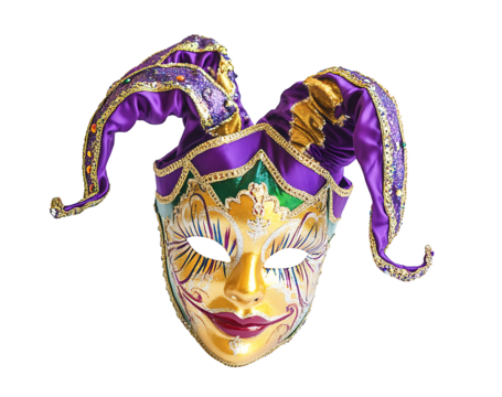 
 Mardi Gras jester mask on transparent background. Mardi Gras mask with a jester hat png
