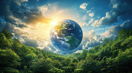 Planet Earth above a dense green forest against a light blue sky with clouds. Earth Day concept.