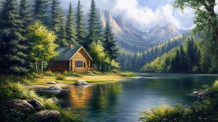 Log Cabin Nestled by a Peaceful Forest Lake. AI generated image