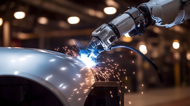 Robotic Arm Welding Car Body Panel During Assembly