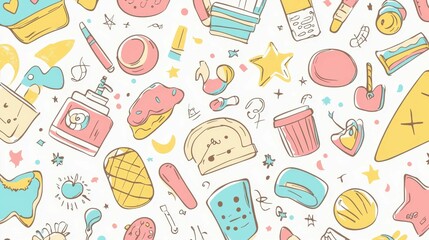 Colorful Hand-Drawn Icons of Food and Objects on Light Background