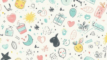 Whimsical Hand-Drawn Doodles in Pastel Colors on Light Background